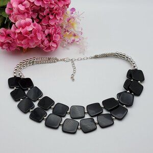 Art Deco Double Strand Necklace Black Square Acrylic Beads Silver Tone 19.5"